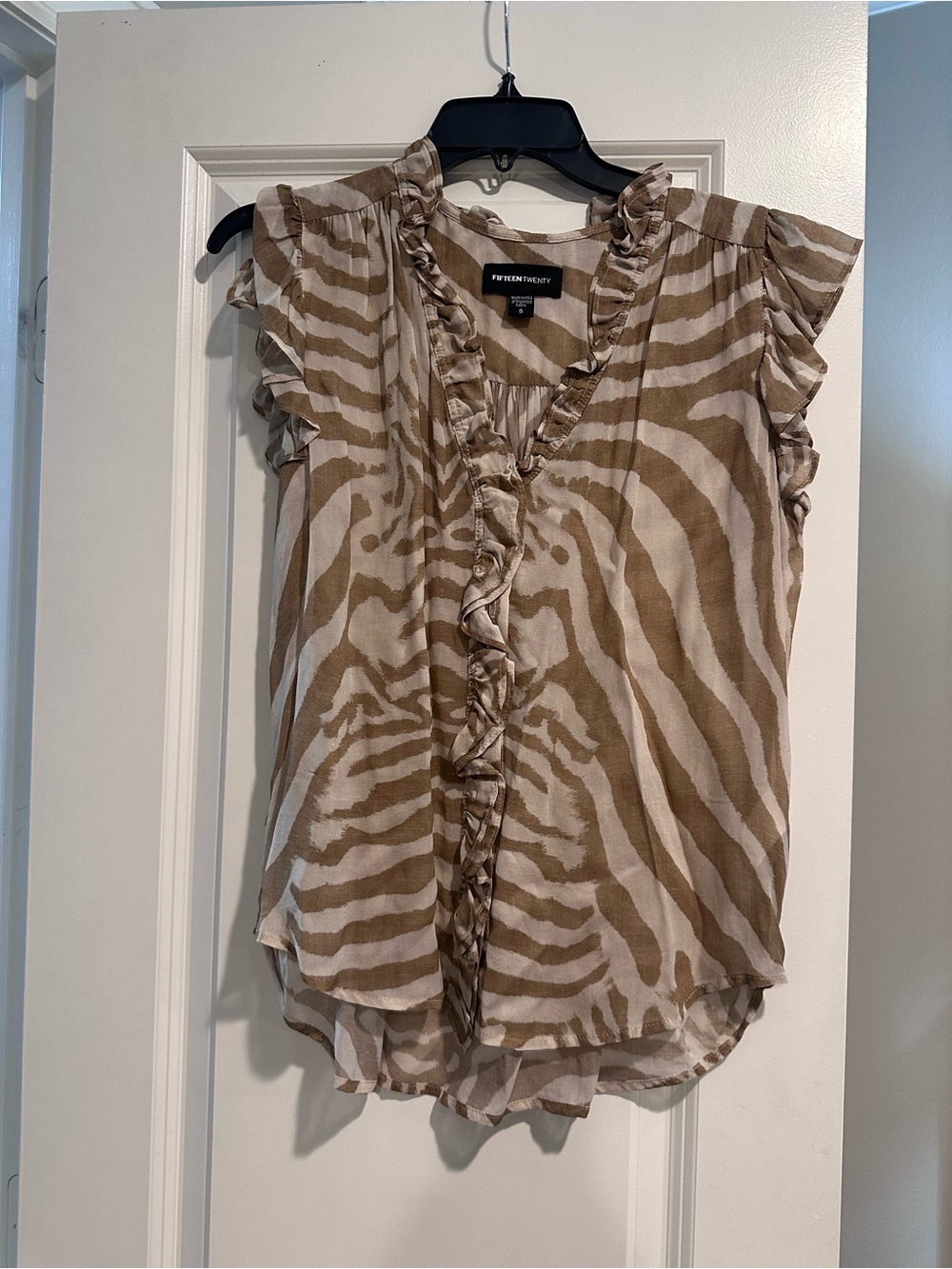 Fifteen Twenty Tan & Cream Zebra Print Ruffle V-Neck Blouse